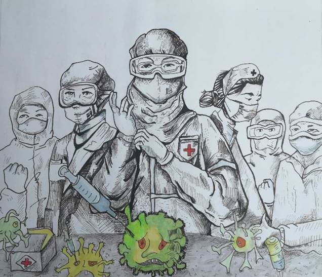 《抗击疫情，势在必行》 费星珂（A1912） 铅笔、水彩